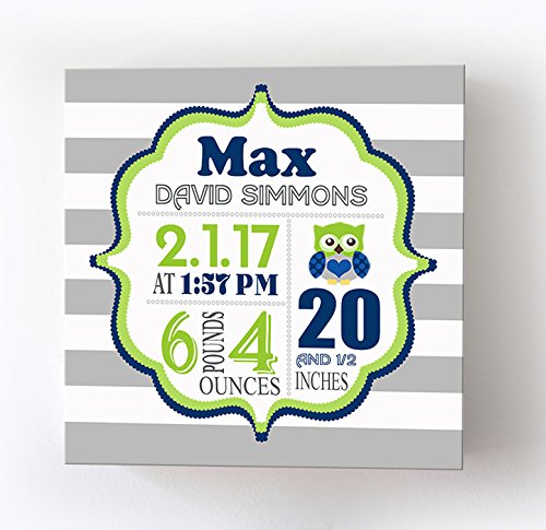 Personalized Stretched Canvas, Striped Birth Announcement, Custom Baby Name, Date, Weight Stats, Safari Owl Nursery Wall Decor, Wooden Frame Construction, Ready to Hang 24X24
