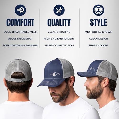 Image of LINDO Trucker Hat [ Great Outdoors Design ] for Men and Women: Mid Profile Cap with Breathable Mesh Back and Adjustable Snap