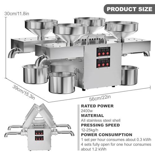 Maszyna do tłoczenia oleju – ekstraktor na gorąco/zimno ze stali nierdzewnej 2400 W do nasion oleistych i oliwek, pojemność 12-25 kg/h, stała temperatura 210°C