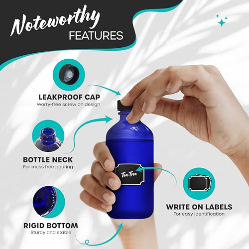 Nevlers 8 oz Glass Bottles with Lids 18 Pack | Cobalt Blue Reusable Glass Bottles with Caps, Funnel, Cleaning Brush, Marker & Labels | For Use as Mini Perfume Bottle, Small Tincture Bottle, & More2