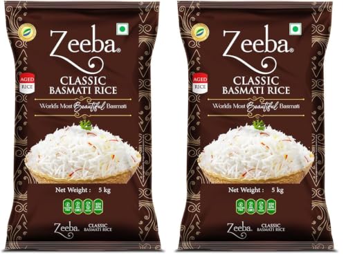 Image of Zeeba Classic Basmati Rice 5 Kg, Raw & Naturally Aged for 2 years, Extra Long Grains (Cooked length upto 27mm*) (Pack of 2)