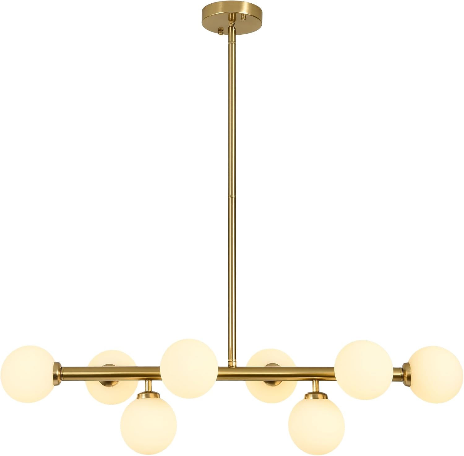 Glass Globe Sputnik Chandelier, 8-Light Mid Century Modern Chandeliers, Dining Room Chandelier Over Table with Milk White Glass, 33" Linear Chandeliers for Dining Room, Kitchen Island-Gold