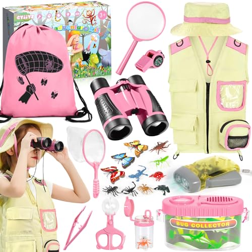 CYJJYZ 23 Pcs Kit de Exploración para Niños, Kit Explorador Niños, Juego de Explorador para Niños con Chaleco Explorador Niño, Prismáticos, Sombrero, Aire Libre Aventura Juguetes Niños Regalo (Rosa)
