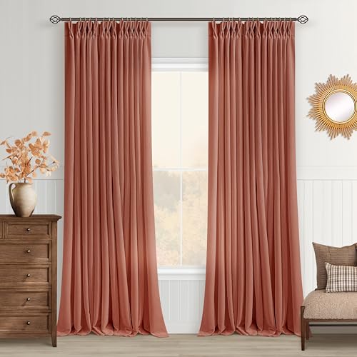 Image of Terracotta Pinch Pleated Semi Sheer Linen Curtains 102 Inch Long Drapes | Rust, Floor To Ceiling Extra Long, Light Filtering Privacy, Living Room, Flax Burlap, Hook Rings Memory Shape, Rustic Elegant