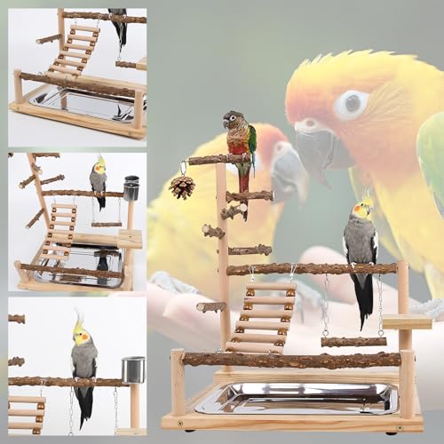 Image of RoseFlower Bird Playground, Parrots Wooden Playstand, Birdcage Playground Play Gym Parakeet Playpen Ladder with Feeder Cup and Tray, Bird Toys Swing Exercise Toy