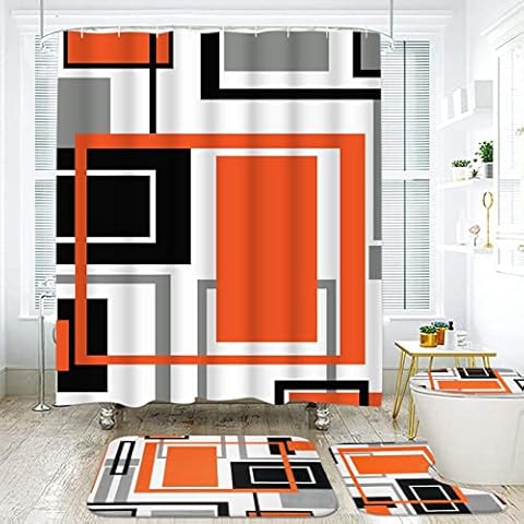 Likiyol 4 Pcs Burnt Orange Shower Curtain Sets with Non-Slip Rugs, Toilet Lid Cover and Bath Mat, Modern Abstract Geometric Shower Curtain with 12 Hooks, Black Grey Bathroom Set Cover