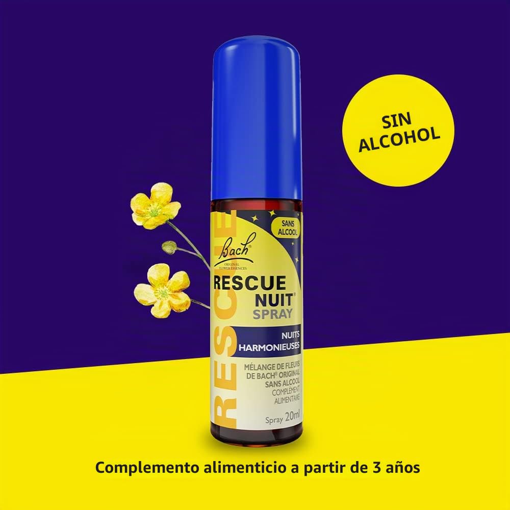 RESCUE NOCHE Spray Sin Alcohol 20 ml, mezcla de 6 flores de Bach Original, para noches serenas, pensamientos inquietantes, cogitaciones, reanudación de trabajo, revisiones