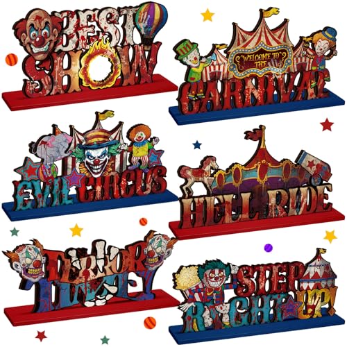 Image of Yuntau 6 Pcs Halloween Carnival Party Decorations Horror Blood Circus Clown Table Centerpiece Scary Carnival Circus Theme Wooden Table Sign for Indoor Horror Evil Halloween Party Decorations Supplies