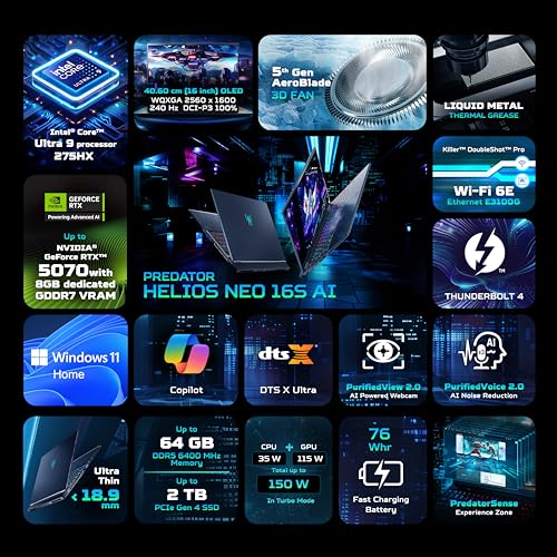 Image of acer Predator Helios Neo 16S AI, Intel Ultra 9 Processor 275HX,RTX 5070-8 GB GDDR7,16 GB /1 TB, WQXGA OLED, 16.0 inch /40.64 cm, 240Hz,Win 11 Home, Abyssal Black,2.3 kg,PHN16S-71, RGB KB,Gaming Laptop