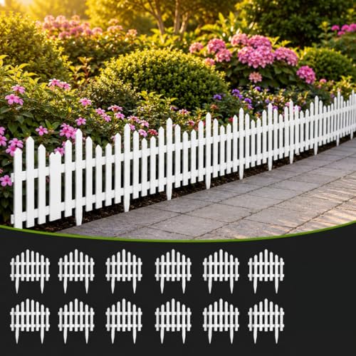 Image of TASMAX Plastic Fence for Garden Edging Border Fencing for Garden Fence Outdoor Resistant PVC Garden Fence Decorative - Flower Bed Fencing for Pathway, Yard, Lawn Waterproof (Pack 12)