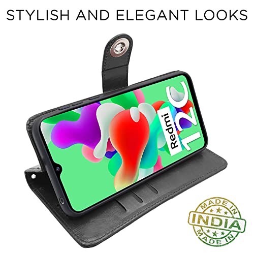 Image of Pikkme Redmi 12C / Poco C55 Flip Cover Leather Finish | Inside TPU with Card Pockets | Wallet Stand and Shock Proof | Complete Protection Button Flip Case (Black)