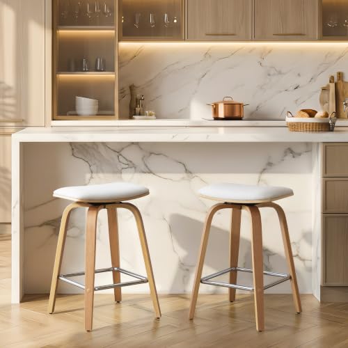 Butacos Altura Barra Set de 2 Unidades - Sin respaldo, Giratorios, Altura 26", con Estructura de Madera y Asiento Tapizado en Lino, Color Beige miniatura 5