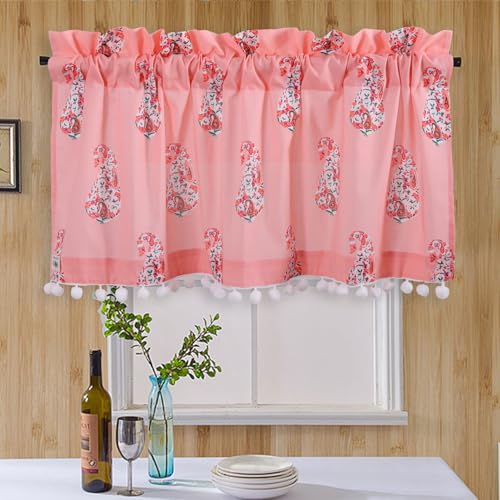 Image of Ravaiyaa - Attitude is everything Hand Printed Half Window Kitchen Curtain 100% Cotton Short Drapery Valance Curtain 40 inch X 18 inch Inch (Pink Paisley)
