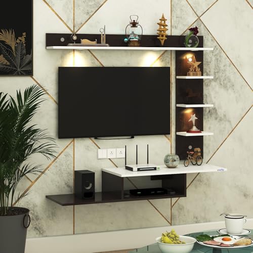 Image of Wintor Engineered Wood Wall Mounted TV Unit with 4 LED Lights, 3 Open Shelves, 1 Storage Box & Decorative Display Shelf for Living Room | Ideal for Upto 43 Inch TV- Wenge /White(DIY Assembly)
