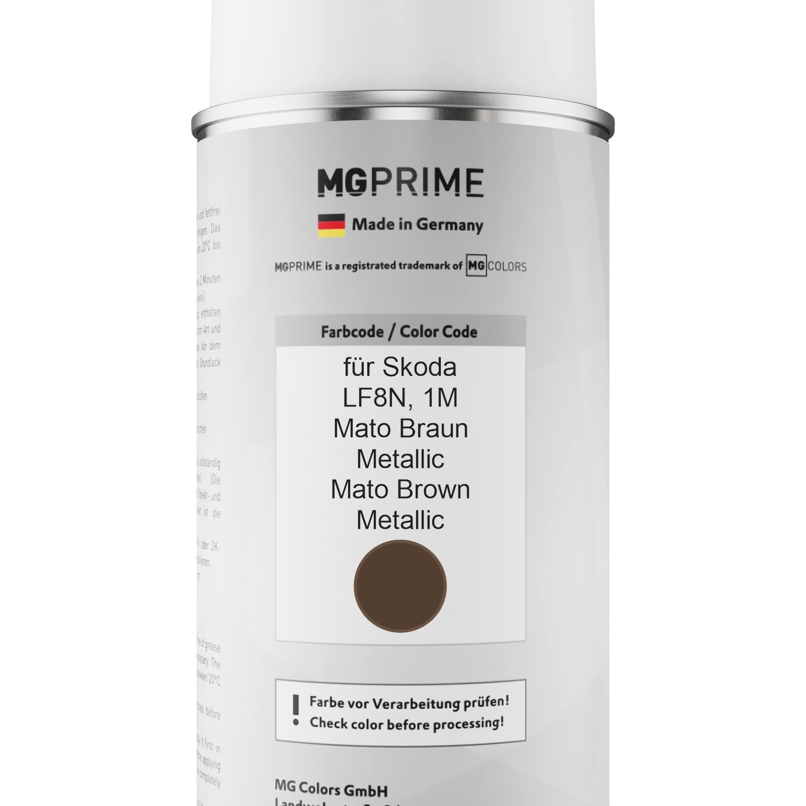 MG PRIME Autolack Sprühdosen Set für Skoda LF8N / 1M Mato Braun Metallic/Mato Brown Metallic Basislack Klarlack Spraydose 400ml