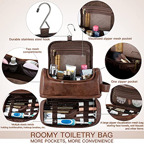 Elviros Toiletry Bag, Mens Leather Travel Organizer Kit with hanging hook, Large Water-resistant Toiletries Bathroom Shaving Bags for Women (Dark Brown) 2 Elviros Toiletry Bag, Mens Leather Travel Organizer Kit with hanging hook, Large Water-resistant Toiletries Bathroom Shaving Bags for Women (Dark Brown)