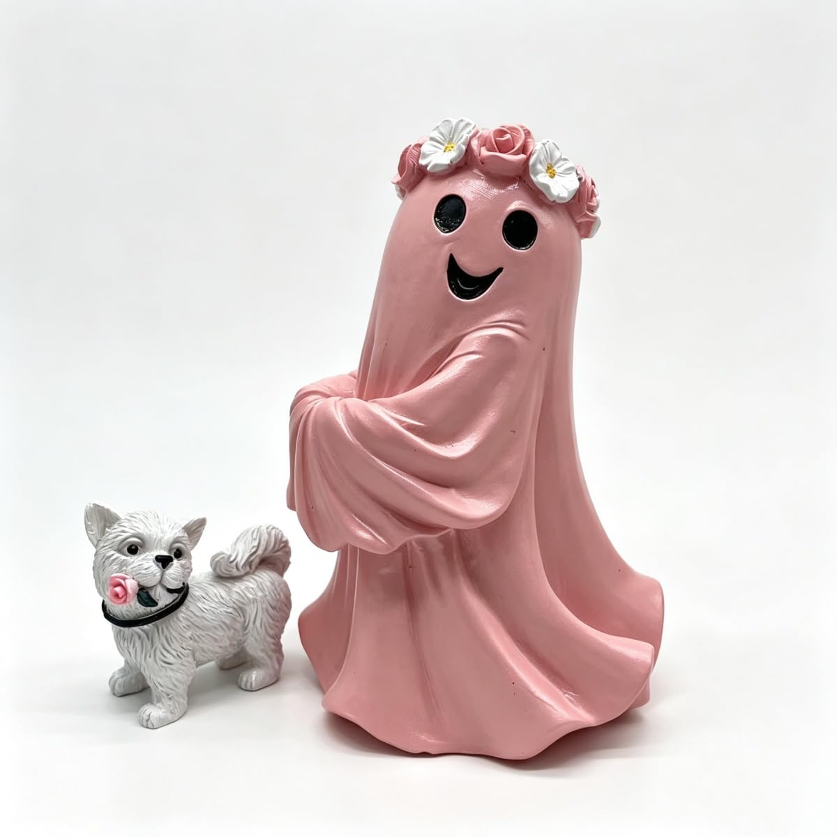 SolvixEdge Halloween Cute Ghost Walking The Dog Statue, Spooky Decorative Ghost Figurine Tabletop Ornament for Indoor Home Decor