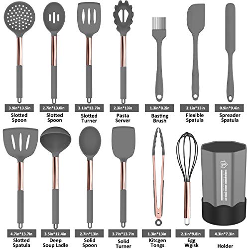 Silicone Cooking Utensil Set, Fungun 24pcs Silicone Cooking Kitchen Utensils Set, Non-stick Heat Resistant - Best Kitchen Cookware with Copper Stainless Steel Handle -Gray(BPA Free, Non Toxic)