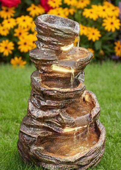 Image of 5 Steps 3.3feet Big Stone Fiber Brown Water Fountain with LED Lights & Water Pump for Home, Garden & Office Decor