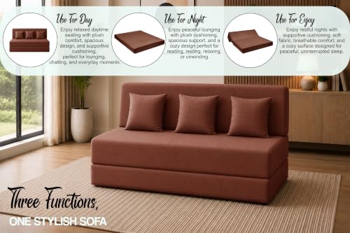 Image of Sofa Cum Bed with Jute Fabric, Convertible Three Seater Sofa Bed 5x6 Ft, Comfortable Cushioned Seating, Space Saving Design for Living Room, Bedroom & Guest Room - Brown Color