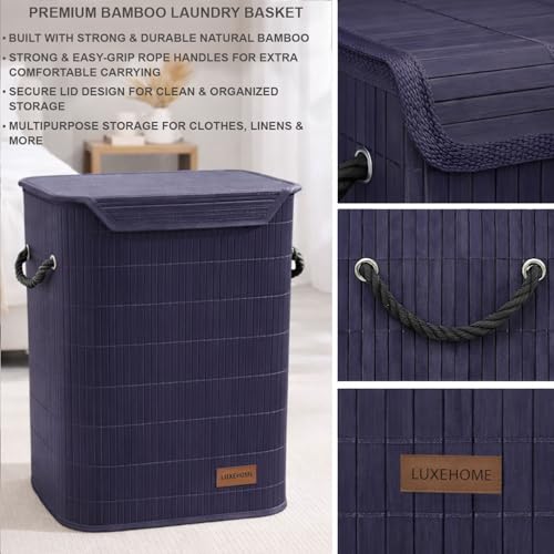 Image of Luxe Home Laundry Basket for Clothes, Premium Bamboo Big Storage Bag with Lid and Side Handle Multipurpose Used In Laundry Rooms, Bedrooms, Bathrooms (40x30x50 cm, Navy)