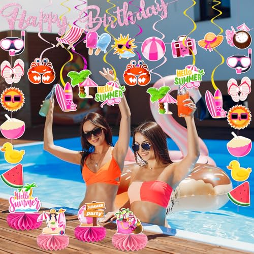 Image of Summer Pool Birthday Party Decorations Beach Theme Happy Birthday Banner Pool Beach Hanging Swirls Hello Summer Party Decorations Honeycomb Centerpiece for Hawaiian Luau Birthday Party Supplies