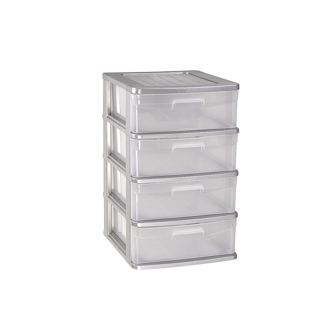 Large Plastic 4 Drawer Storage Tower Unit Chest Home Office School (Silver)