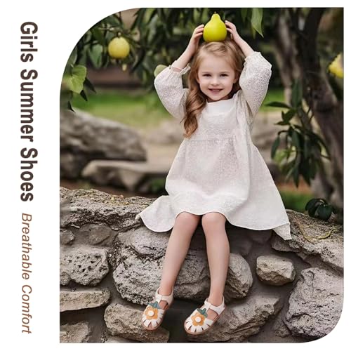 Image of Toddler Girl Sandals with Flower, Breathable Leather kids Closed Toe Sandals, Soft Rubber Non-Slip Summer Shoes for Little Girls 2-7 Years