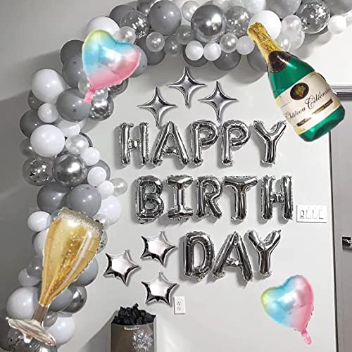 Silver Birthday Party Decoration, Happy Birthday Banner, Heart Foil Confetti Balloons, Champagne Bottle Balloon, For Women Girls Men Birthday Party Supplies #TOP4