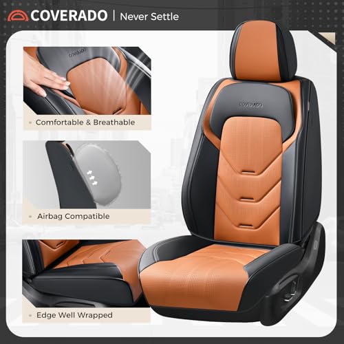 Image of Coverado Front and Back Seat Cover, 5 Seat Leather Car Seat Covers, Black&Brown Seat Cover for Cars, Waterproof Car Seat Protector, Automotive Seat Cover, Car Seat Cushion Universal Fit for Most Cars