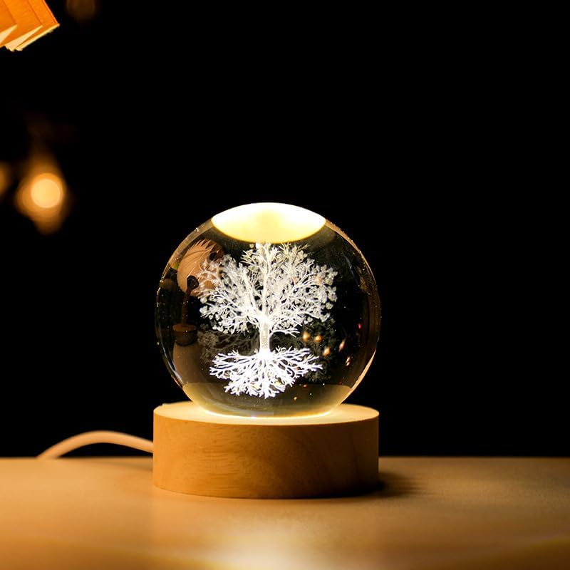 Crystal Ball LED Night Light with USB Powered Base Salamander Lamp Bedside Light Desktop Decoration Birthday Gifts (Tree,Warm Light)