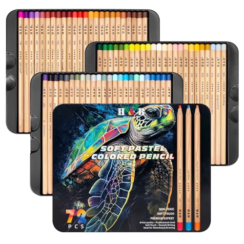 H & B 72 Pasteltint Pastel Colored Pencils Set Soft Vibrant Artist-Grade Colors in Tin | Professional Drawing Sketching & Coloring for Adults & Artists (72 Colors)