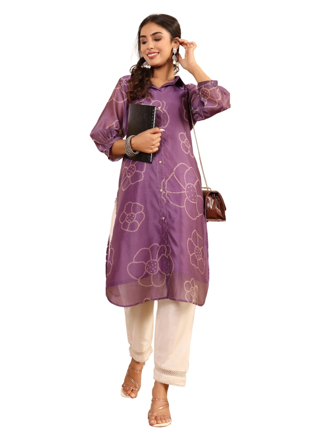 Varanga Women Premium Bandhani Floral Printed Shirt Kurta Purple