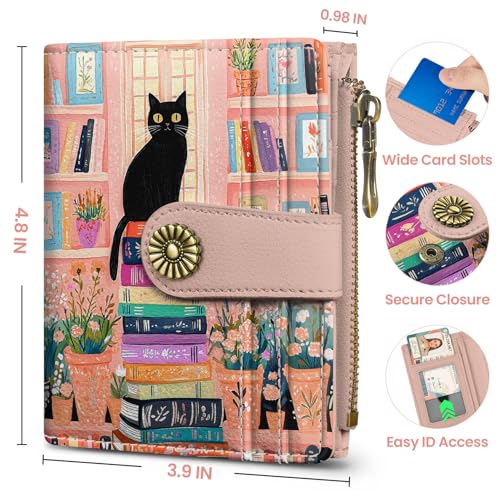 Image of Small Wallet for Women, RFID Blocking Bifold Card Holder Wallet with 10 Card Slots, Cash Compartment, Zipper Coin Pocket & ID Window, Cute Soft Vegan Leather Compact Wallet, Bookish Kitty