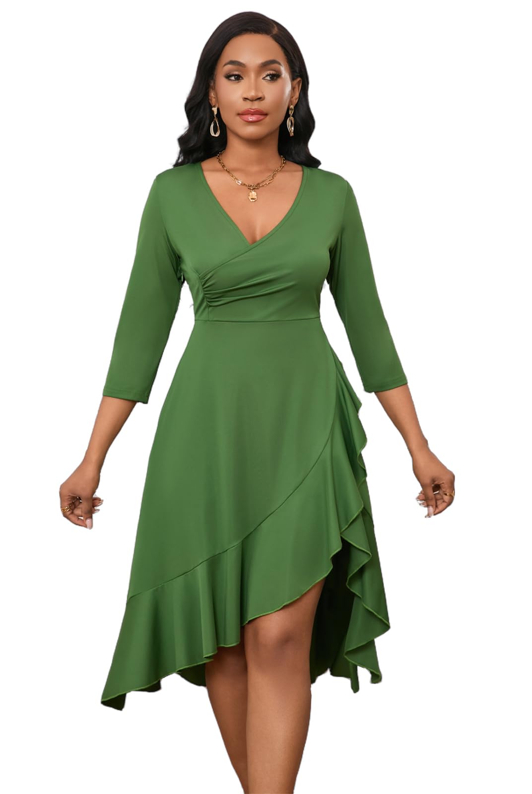 Womens Sexy Summer Midi Dress Casual Wrap V Neck 3/4 Sleeve Split Ruffle Hem Short Dresses with Pockets