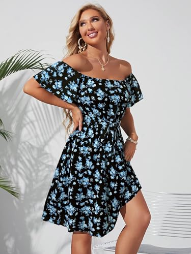 Image of Off Shoulder Ruffle Dress for Women, A-Line Mini Dress with Belt, Fitted Bust Summer Wedding Guest Dress