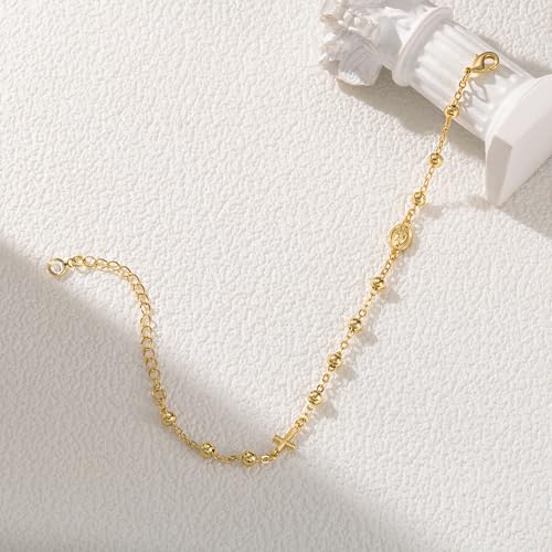 Gold Cross Bracelets for Women Trendy, Dainty 14K Gold Plated Rosary Bead Bracelet Gold Small Cross Bracelet Cute Adjustable Jewelry Christian Gifts for Women4