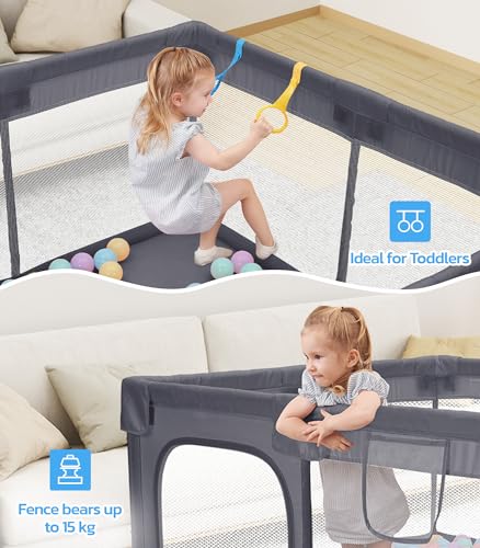 Image of Dripex Baby Playpen, 47 inchx47 inch Small Play Pen for Babies, Grey | Breathable Visible Mesh, Anti-Fall Design, Easy Setup, Indoor /Outdoor Use