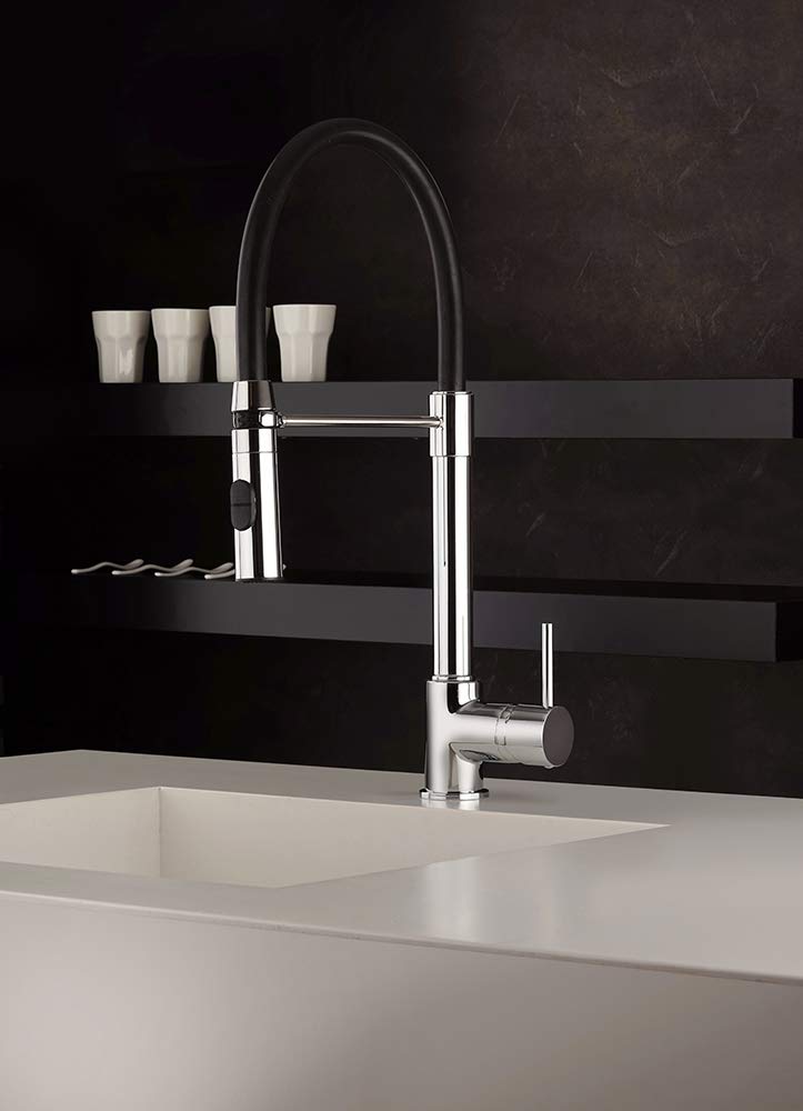 Paini - Grifo mezclador monomando para cocina, fregadero, cromado, palanca lateral orientable, con casquillo de ducha automático, diseño moderno, fabricado íntegramente y fabricado en Italia