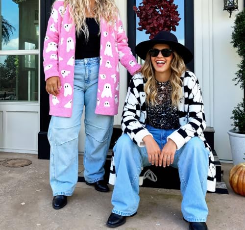 ebossy Women's Fall Fashion Ghost Print Open Front Long Cardigan Casual Furry Knit Long Sleeve Sweaters 2025 Winter Coats4