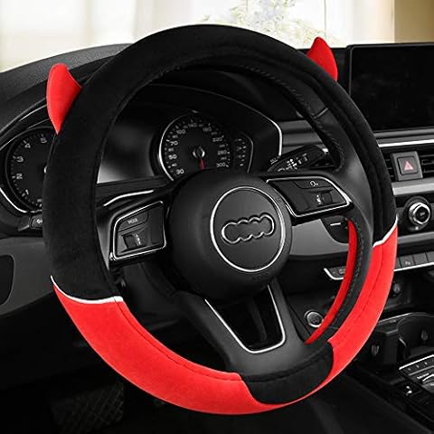 unlockgift Cute Devil Horns Car Steering Wheel Covers Plush Steering Covers for Women, Universal Fit 15 Inch,Anti-Slip & Odor-Free (Red) Cover