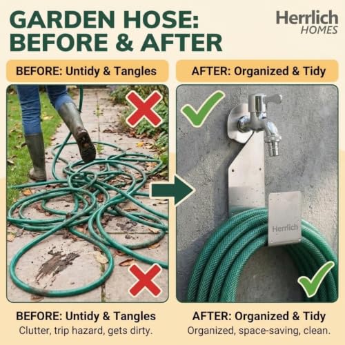 Image of Herrlich Homes Stainless Steel Garden Hose Holder, Wall Mounted Hose Pipe Stand & Hanger, Heavy Duty Rustproof Water Pipe Organizer for Garden, Balcony, Lawn & Outdoor, Screws Included (Pack of 1)