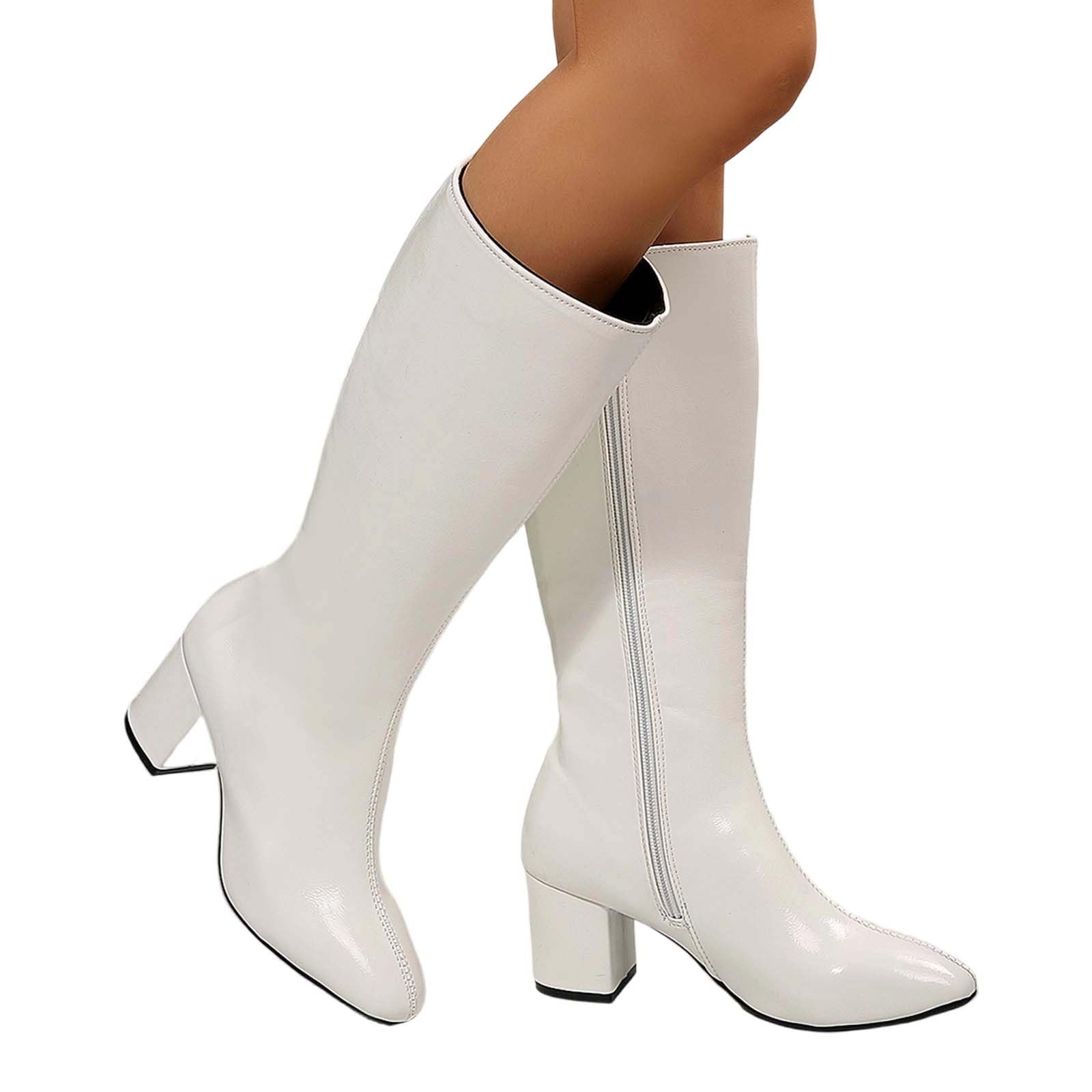 Generisch Bottines d'équitation tendance pour femme en cuir avec bout rond, talon épais et plate-forme, longueur mi-mollet, avec fermeture éclair, chaussures décontractées confortables pour l'hiver