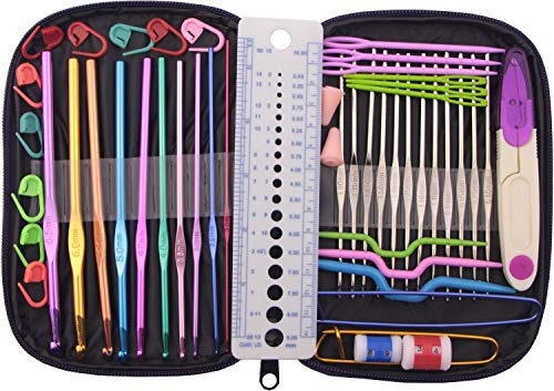 GYBest 49 Pieces Crochet Hooks Yarn Knitting Needles Sewing Tools Full Set Knit Gauge Scissors Stitch Holders with Purple Case