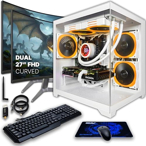 Image of SAAV Drex Prebuilt Gaming PC Bundle Desktop Tower Intel Core i7-12700KF GeForce RTX 5060 8GB GDDR6 Dual Curved 27in Monitors 32GB DDR4 1TB NVMe SSD WiFi 6 Windows 11 White RGB Computer PC Gaming