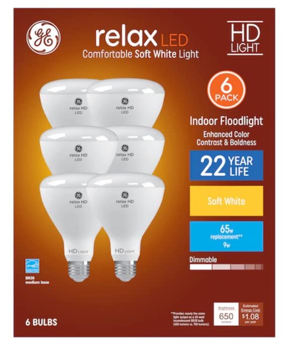 GE Relax 6-Pack 65 W Equivalent Dimmable Soft White Br30 LED Light Fixture Light Bulb 3X Life
