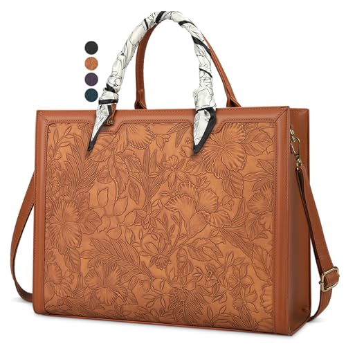 IGOLUMON Laptop Bag for Women 15.6 Inch Laptop Tote Bag Waterproof Leather Tote Bag Unique Work Bag Large Capacity Office Briefcase Lightweight Business Computer Shoulder Handbag, Brown