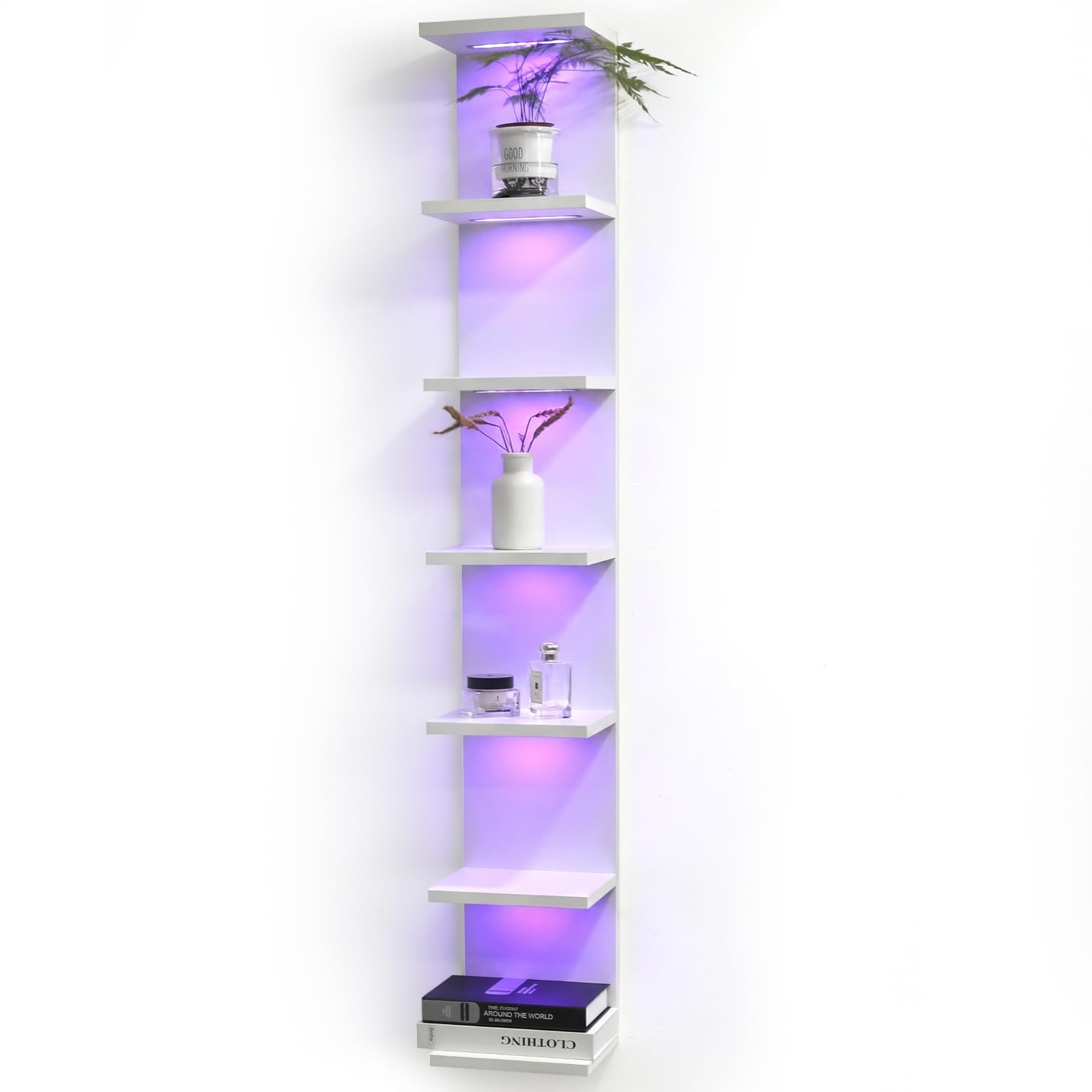 VIWODS Scaffale da parete a 7 livelli con luci RGB, mensola sospesa per riporre oggetti a parete, espositore verticale da parete per camera da letto soggiorno vanità, bianco