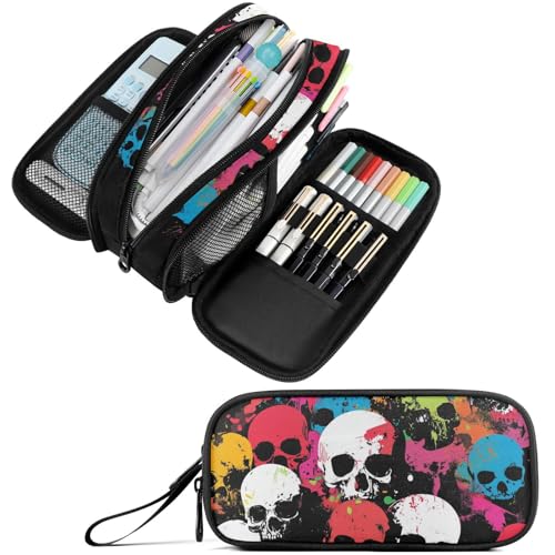 Image of Fustylead Colorful Skulls on Black Pen Pencil Case Makeup Pouch Big Capacity Multi-Purpose Travel Bag Office Organizer with Zipper