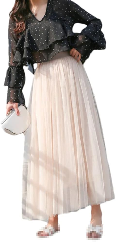 Amazon.com: Women Tulle Skirt Casual High Waist Pleated Long Skirt